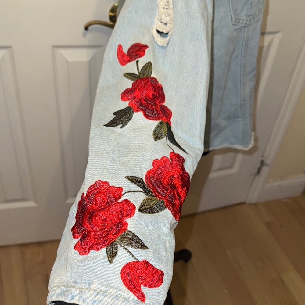 Say What? Light Blue Denim Jacket with Red Floral Accents - Picture 3 of 9